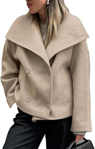 Manteau Court en Laine mélangée pour Femmes Automne et Hiver Veste de Costume à Revers à Double Boutonnage élégante et décontractée Manteau Chaud Classique à la Mode (Kaki,L)