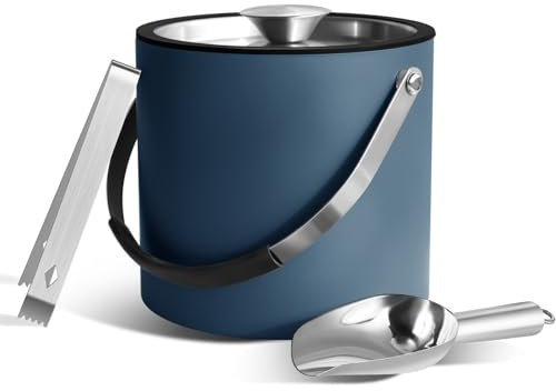 Bakpoco 3L Ice Bucket with Silicone Lid, Scoop, Tongs & Strainer, Stainless Steel Double Wall Insulated Ice Buckets for Parties & Cocktail Bar, Outdoor Champagne Ice Container Bin, Navy