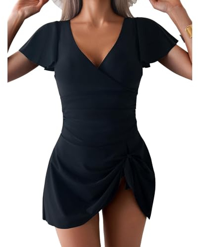 TcIFE Costume da Bagno Intero per Donna con Controllo Pancia e Scollo a V, Maniche Arricciate Nodo Frontale Costumi da Bagno, Elegante Gonna Corta Bikini