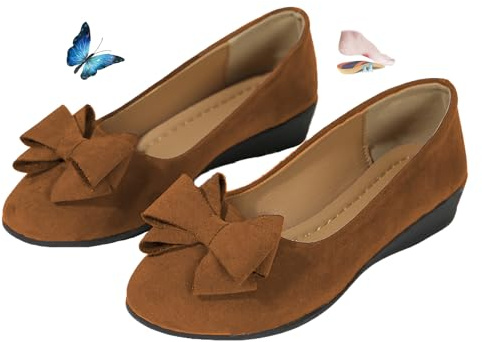 ZPLMIDE Scarpe da donna con zeppa decorata con fiocco, zeppe basse senza lacci, mocassini da ballerina, scarpe da balletto in pelle scamosciata, comode scarpe da lavoro, Marrone, 39 EU