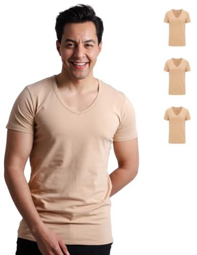 SKIPPER Men's Deep V Neck Stretch Undershirt 3 Pack – Slim Fit Base Layer T-Shirt, Invisible Under Shirts, Beige, S