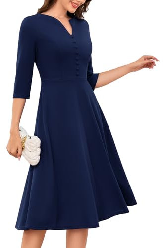 DRESSTELLS Wedding Guest Dresses for Women UK, Long Sleeve Fall Cocktail Formal Church Prom Vintage Tea Party Audrey Hepburn Midi Dress Navy M
