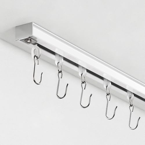 Ceiling Curtain Track, Curtain Track with Roller Hooks, 6ft - 9ft Ceiling Mounted Rail Set for Room Divider, White