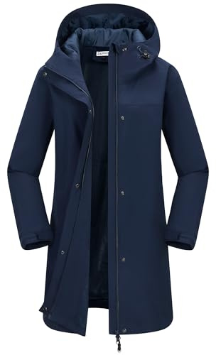 33,000ft Women's Rain Jacket Long Trench Coat Waterproof Windbreaker Hooded Lightweight Ladies Raincoat Functional Jacket Outerwear with Pockets Navy Blue XL