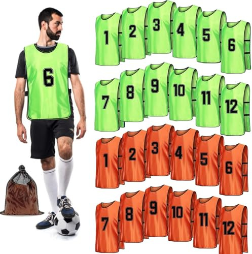 ASMIZ 24 Chasubles de Football Numérotées avec Sac – Gilets d’Entraînement Respirants pour Adultes/Jeunes – Orange & Vert
