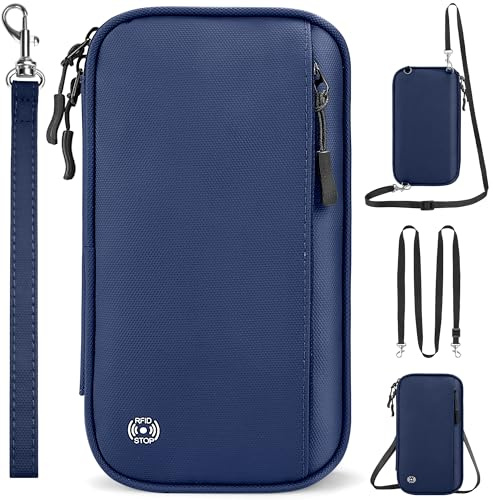 Looxmeer Passport Holder,RFID Family Travel Wallet,2 Straps,Waterproof,Blue | Organiser for Passports, Tickets, Cards, Cash, Pen & Key, Detachable Crossbody and Wrist Straps, for Business or Holiday Trip