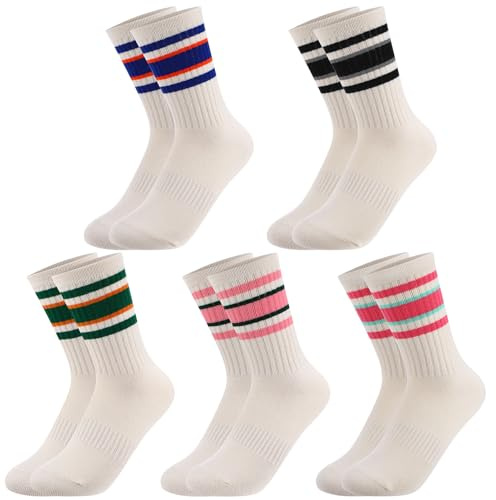 scenicamp 5 Pairs Retro Striped Crew Socks Athletic Cotton Breathable Socks for Women Green Pink Blue Gray Red