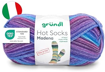 Gründl Ovillo de lana Hot Socks Madena de 4 capas, para 1 par de calcetines, hilo para calcetines, suave y delicado con la piel, 75% lana virgen, 25% poliamida, 1 ovillo de 100 g/420 m, grosor de