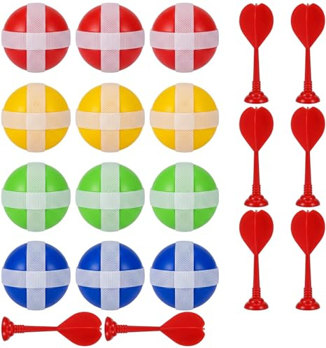 Barndartset - 12 klibbiga bollar (3,4 cm) och 8 sugkoppspilar, dartmålstillbehör, utomhus- och inomhusspel, present till pojkar, flickor 3–12 år