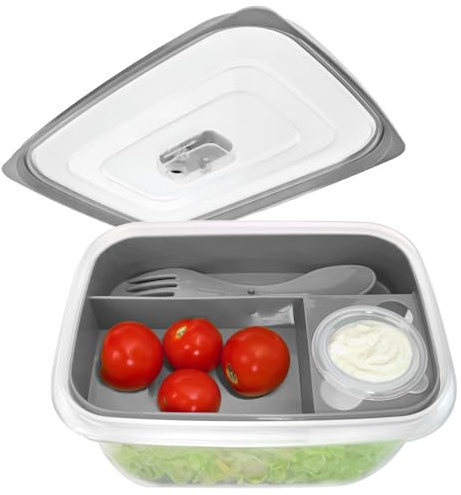 com-four® Lunch box grigio con posate e contenitore per salsa - Bento box per lavoro, scuola, università e viaggi - Lunch box lavabile in lavastoviglie (01 pezzo - grigio - 19 cm)