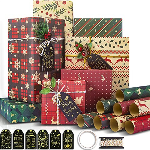 Larcenciel Juego Papel De Regalo Navidad, 8 Hojas Papel De Regalo + Etiqueta De Regalo + Cuerda De Embalaje, Papel De Estraza Con Patrón De David (70 X 50 CM)