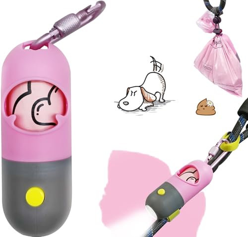 Dog Poop Bag Holder with LED Flashlight for Night Walks,Silicone Tether & Donut Pattern Clip for Used Bags, Hands-Free Metal Leash Carabiner, Includes 15 Scented Waste Bags(Pink)