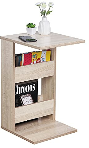 RICOO Kleiner Beistelltisch Holz 35 x 60 x 40 cm WM042-ES Couchtisch mit Stauraum Eiche Sonoma Braun Wohnzimmertisch Kleiner Tisch Wohnzimmer Sofatisch Beistelltische C Form Konsolentisch