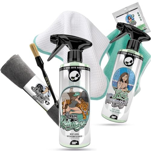 Nuke Guys Nettoyage intérieur Bundle Basis | See Through nettoyant vitres 0,5L + nettoyant intérieur 0,5L + 5x chiffon microfibre Asphaltliebe + chiffon gaufré 2er Pack + pinceau + pendentif parfum