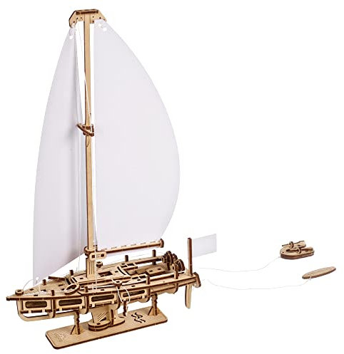 UGEARS Ocean Beaty Yacht 3D-Holzpuzzle – Mechanischer Holzmodellbausatz zum Bauen – DIY-Puzzleboot-Spielzeug mit Papiersegeln – Denksport-Bauset für Erwachsene