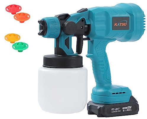 KATSU Tools 21V Cordless Paint Sprayer 800ml – Electric Spray Gun with 1.5Ah Battery & Charger, Adjustable Flow, 3 Spray Patterns & Nozzles for Fence, Furniture, Walls & DIY Painting, 102402
