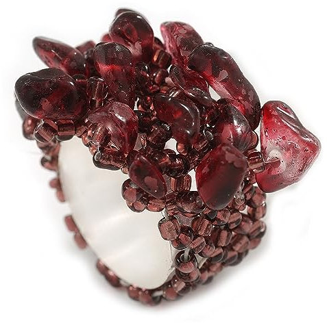 Avalaya Bague flexible en forme de grappe de perles de verre et pierre de verre Violet prune/Taille M/L, taille unique, Verre