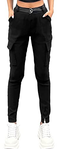 Nuofengkudu Cargohose Damen Stretch Cargo Leggings Hose mit Taschen Frauen Skinny Kargo Hosen mit Gummizug Gummibund Teenager Mädchen Moda Stoffhose Seitentaschen Sportleggins Jeggings Schwarz 2XL