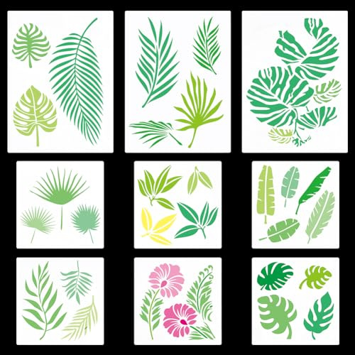 GORGECRAFT 9 Plantilla de Hojas Tropicales de 2 tamaños,Plantilla de Hojas de Monstera de Palma,Follaje de Helecho de Plátano,Flor Botánica,Plantilla de Dibujo Reutilizable para Pintar sobre
