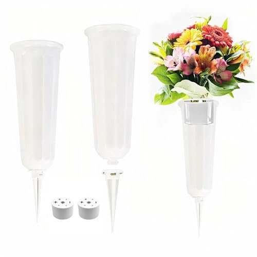 2PCS Memorial Grave Vases, Cemetery Vases With Spikes And Base, Plastic Grave Flower Pots - White
