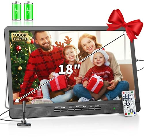 Desobry 18 inch Portable TV with Freeview, 6000mAh Rechargeable Small Television with Antenna, 12V Mini TV Built Digital DVB/T2 Tuner, Support USB/HDMI/AV Input