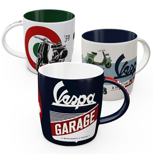 Nostalgisk konst retro kaffemugg (set med 3), 330 ml, Vespa Set 2 – presentidé för skotrare, keramikkopp, vintage design