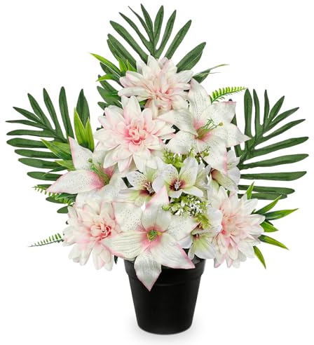 Oairse Artificial Cemetery Flowers in Pot Funeral Flowers Arrangements 48cm Silk Pink & White Potted Lily Dahlia Memorial Flower for Grave Cemetery Headstones Outdoor Christmas Decoration