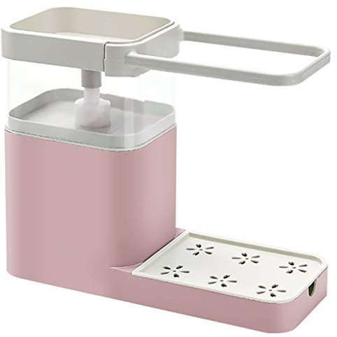 Kökspress tvåldispenser automatisk tvättmedelslåda dränering handfat med handduksstång hylla svamphållare, rosa