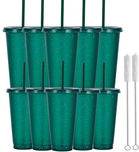 Yisituo 680 ml återanvändbara plastmuggar, kalla muggar med lock & sugrör resemuggar för vuxna och barn fest strand poolmöten (10, mörkgrön)