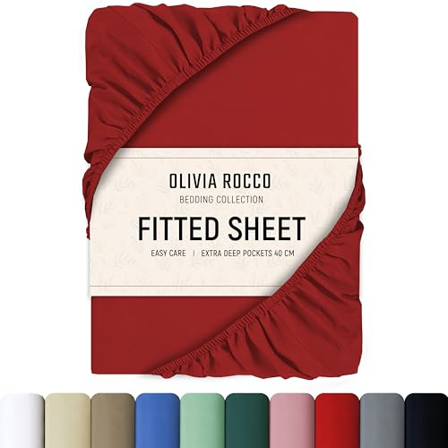 Olivia Rocco Fitted Sheet Extra Deep Pocket 16 Inch (40 cm) Soft Brushed Microfibre Fabric Shrink & Fade Resistant Easy Care Bottom Sheet, Single, Red