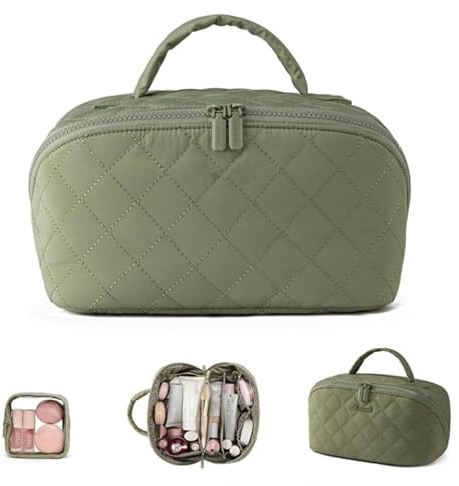 2 Set Travel Makeup Bag for Women, Open Flat Lay Makeup Bag with Compartments,180° Lay Flat Large Make Up Bags, Puffy Pouches with Handle, for Organize Toiletries and Brushes (Green)