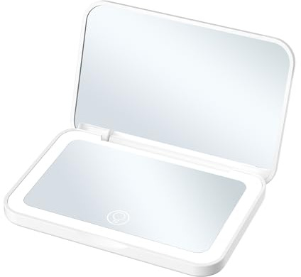 CHICGADGETS Espejo de Bolsillo, Aumento 1X/2X, Tira LED Suave Tricolor, Brillo Ajustable (del 5% al 100%), batería integrada, Carga Tipo C, Blanco, Negro