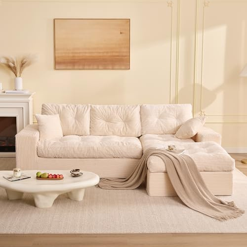 Litbird Sofá Chaise Longue 3 Plazas Modular con Puf Móvil, Pana, Beige | Sin Montaje, Asiento Profundo, Espuma de Alta Densidad, Cojines de Respaldo, Salón o Apartamento