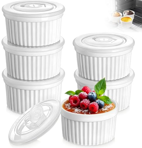 6 Pezzi Ciotole Ceramica con Coperchi, 236ml / 8 Oncia Set Ramekin, Tazza Budino Porcellana, Pirottini Soufflé, Stampi Creme Brulè, Contenitori Mini per Forno, Crema Pasticcera, Dessert (Bianco)