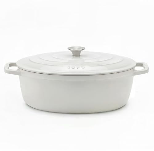 La Fonderie 1890 Pentola ovale in ghisa smaltata 36 cm IENA36, capacità 7,7 L, compatibile con induzione, gas, elettrico, grill e forno, coperchio in ghisa, ideale per stufare e arrostire, beige