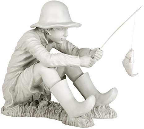 Design Toscano Partie de Pêche Garçon Pêcheur Statue de Jardin, 43 cm, polyrésine, deux tons pierre