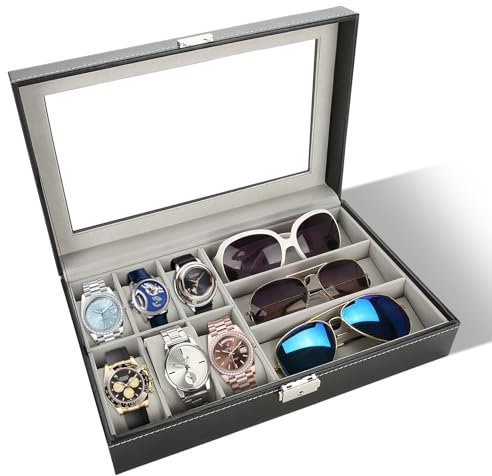 Ecrins pour Montres Boîte à montres Boîte de rangement pour lunettes Montre Boîte de Rangement en cuir PU 3 grilles pour lunettes 6 grilles pour montres Couvercle en verre transparent 33 x 20 x 8cm