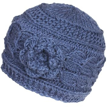 Pachamama Bonnet en laine tricoté à la main avec fleur - Taille unique - Fait à la main - Commerce équitable, denim, Taille unique