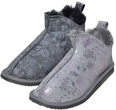 Hollert Damen Lammfell Hausschuhe Angel Fellschuhe Halbschuhe echtes Merino Schaffell weich bequem kuschelig Echtleder Schuhgröße 38, Farbe Grau