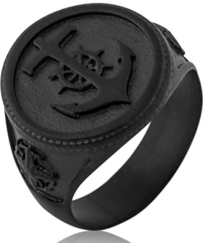 Akitsune Portus Ring | Ankare Sjöman Nautisk Traditionell Ring Herr Rostfritt Stål Designer Matt Svart, Legerat stål
