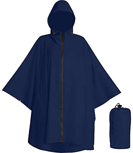 Heavy Duty Rain Poncho for Backpacking, Waterproof Lightweight for Adults, Military, Emergency, Camping, Men, Women, Round Navy Blue, One size