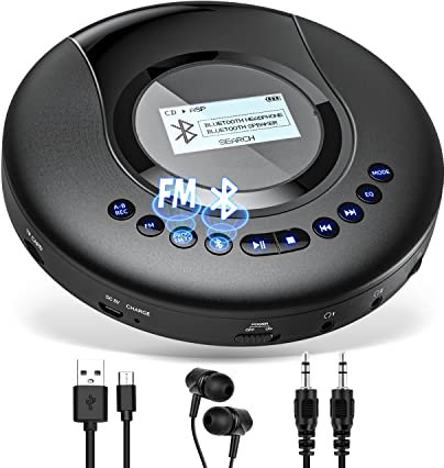 Arafuna Reproductor de CD portátil, Reproductor CD Bluetooth para Coche y niños, Discman CD portatil Recargable de 2000 mAh, protección a Prueba de Golpes, Radio FM, Tomas de Auriculares duales