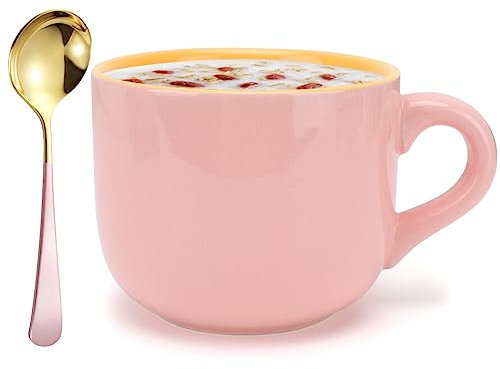 Umllpet Groß Tasse, 600 ml Große Keramik Kaffeetasse, Müslischalen XXL Tasse Teetasse mit Löffel, Müsli Becher Tasse, Groß Suppen Ramen Salat Schale Schüssel, Weihnachten Geburtstag Geschenk - Rosa