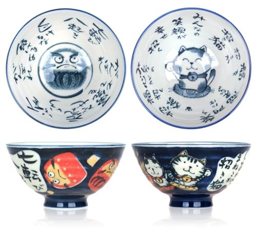 CoolChange Lot de 2 bols à riz japonais Daruma et chat porte-bonheur - Peint à la main - En porcelaine - Bols asiatiques - 12 cm - Passent au micro-ondes et au lave-vaisselle
