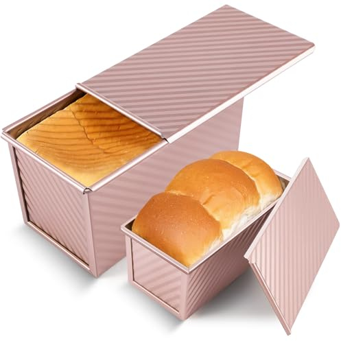 Pavsrmy 2 Pack Pullman Loaf Pan with Lid, 1 lb/0.5 lb Dough Capacity, Premium Non-Stick Sandwich Bread Loaf Pan with Lid, Carbon Steel Corrugated Bread Toast Box Mold with Cover for Baking