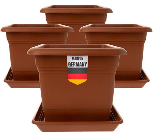 LIVINJA Terracotta Pflanzkübel Eckig 28x28 4er Set - Robuster Blumentopf Groß, Übertopf Ideal für Tomatenpflanzen, Eckige Pflanztöpfe Kunststoff für Garten & Balko