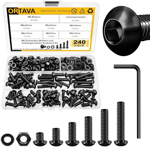 240 Stück M6 Schrauben Schwarz Set, Linsenkopfschrauben Muttern und Unterlegscheiben Sortiment Kit, Gewindeschrauben Set, Maschinenschrauben Muttern Set, Kohlenstoffstahl, Länge von 8-30mm