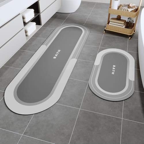 SIXHOME 43 * 70+40 * 150cm Grey Super Absorbent Bath Mats for Bathroom Floor Magic Mat Non Slip Absorbent Bathroom Mat Quick Dry Machine-Washable Dry Bath Rug