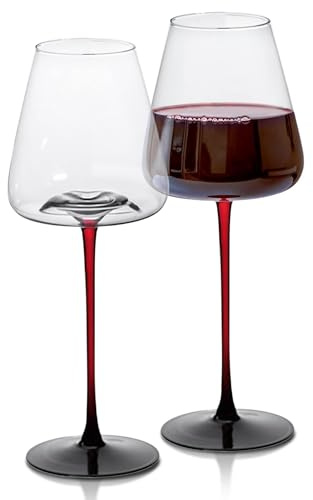 LEMONSODA Concave Champagne & Wine Glasses, Red Stem, 16oz, Set Of 2 | Handcrafted Barware With Black Bottom, Perfect For Gift, For Sparkling Wine, Ros�, Prosecco & Champagne, Dishwasher Safe
