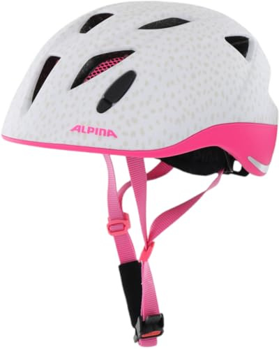 ALPINA Ximo L.E. - Leichter, Sicherer &Bruchfester Fahrradhelm, mit optionalen LED-Licht, Für Kinder, White pink dots matt, 49-54 cm